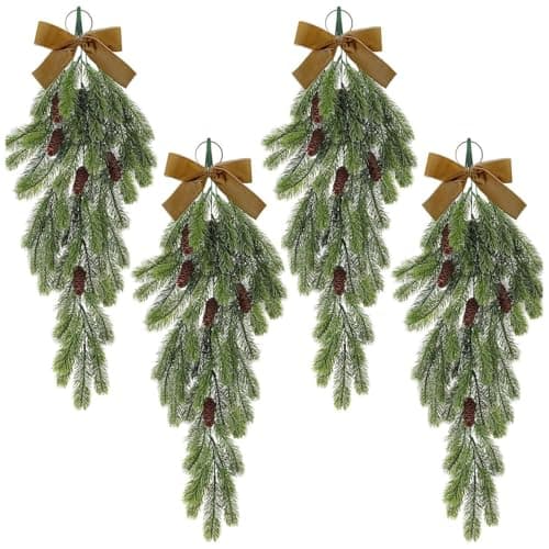 Image of 4/1Pc Artificial Christmas Teardrop Swags, 20" Faux Pine Needles Teardrop Door Swag with Pine Cones, Christmas Greenery Teardrop Wreath for Xmas Holiday Mantle Fireplace Indoor Outdoor Decor (4Pcs)