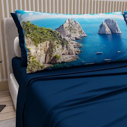 Image of PETTI Artigiani Italiani - Cotton Sheets with Pillowcases in Digital Print, Double Bed Sheet, Duvet Cover with Capri Pattern Night Blue, 100% Made in Italy