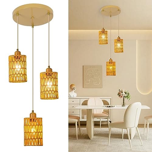 Image of FORCOSO Pendant Lights Rattan 3 Lights, Boho Lamp Hanging Ceiling Light Natural Rattan Lampshade Cord Adjustable 152cm, E27 Vintage Kitchen Light Fitting, Rustic Lamp Fixtures Dining Living Room