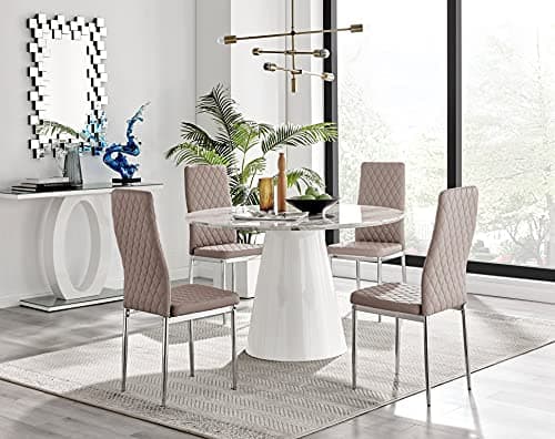 Image of Furniturebox UK Palma White Marble Effect Round Pedestal Dining Table and 4 Cappuccino Faux Leather Silver Leg Milan Dining Chairs