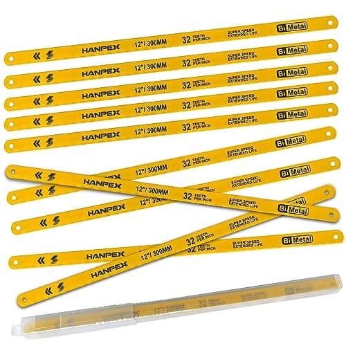 Image of Hanpex 300mm Hacksaw Replacement Blades (10 Pack) High Speed 32 TPI - 12" Length Hack Saw Blade - Bi-Metal HSS Cutting Blades
