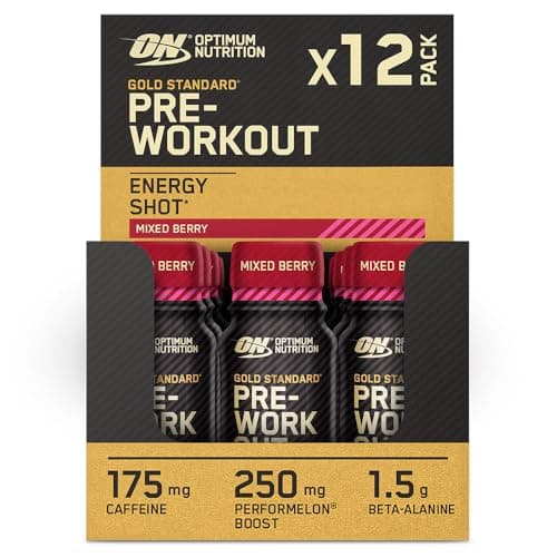 Image of Optimum Nutrition Gold Standard Pre-Workout Energy Shot, Ready to Drink Food Supplement with Beta Alanine, Caffeine, PerforMelon Boost and Vitamin B6 and B12, Mixed Berry Flavour, 12-Pack, 12 x 60 ml