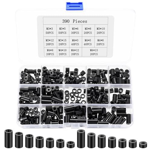 Image of 390 Pcs ABS Plastic Washers, Plastic Spacers, ABS Round Nylon Spacers Washers Assortment, Non Threaded Column Insulation Standoff Fixings for Connecting Printed Circuit Boards(Black, M3, M4)