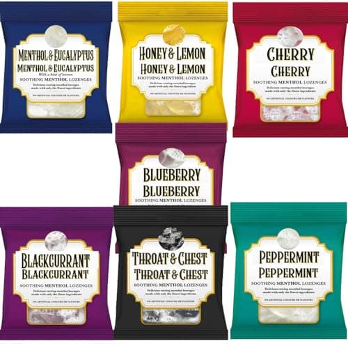 Image of Variety Menthol Sweets Pack 73g - Throat & Chest, Blackcurrant, Peppermint, Blueberry, Menthol & Eucalyptus, Honey & Lemon, Cherry Menthol Lozenges - jkms (12 x Bags, Random Mixd)