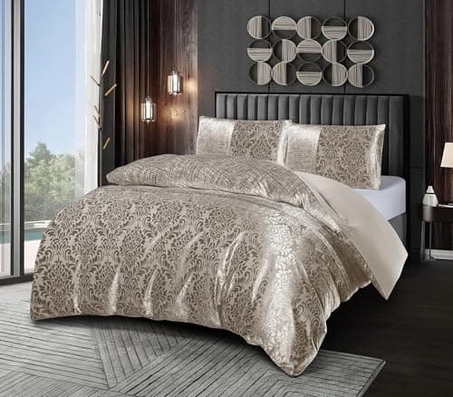 Image of Luxury Damask Jacquard Emilia Duvet Cover Set with Pillow Cases - 3 Piece Reversible Quilt Cover, Floral Textured Flower Floral Blossom Bedding Set Elegant Vintage Classic (Mink, King)