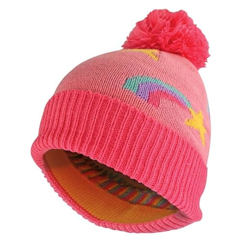 Image of Sock Snob Girls Rainbow Beanie Hat with Bobble | Kids Warm Winter Hat with Pom Pom (UK, Alpha, One Size, Pink)