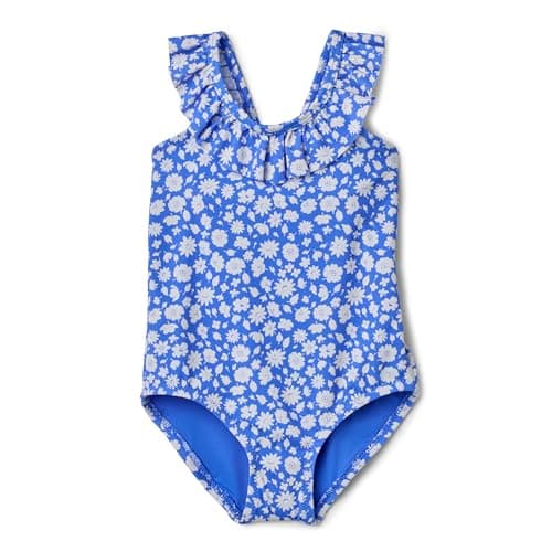 Image of Amazon Essentials Girls' Frill-Trimmed One-Piece Swimming Costume, Blue Ditsy Floral, 5 Years
