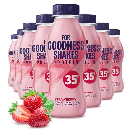 Image of For Goodness Shakes Strawberry Protein Shakes, 35g Protein, High Protein, Fat-Free, Ready-To-Drink, No Added Sugar, Gluten-Free, Pre & Post Workout, 8 x 330ml