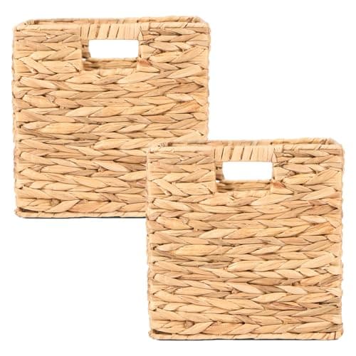 Image of OHS Wicker Storage Basket Set of 2, Foldable Storage Cubes Set Home Bathroom Living Room Collapsible Storage for Clothes Books Toys Blanket Basket, Natural