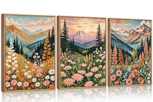 Image of HPNIUB Mountain Sunset Floral Framed Canvas Wall Art Set,Colorful Wildflower Daisy Flower Wall Decor,Boho Blossom Botanical Artwork Modern Nature Landscape Art Print for Living Room,Bedroom 30X40CM
