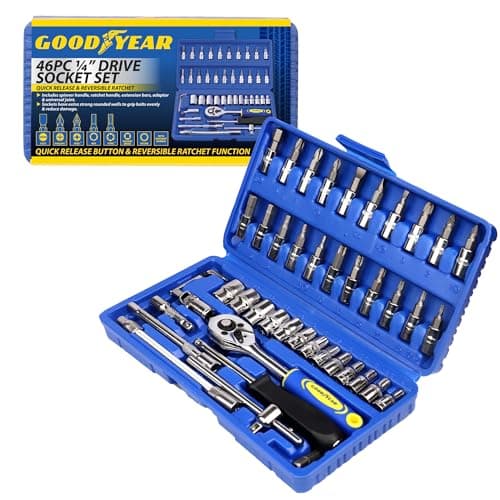 Image of Goodyear 46-Piece 1/4" Drive Socket Set – Quick Release Ratchet, Reversible Function, Spinner Handle, Extension Bars, Adaptor & Universal Joint – Strong Grip Rounded Wall Sockets