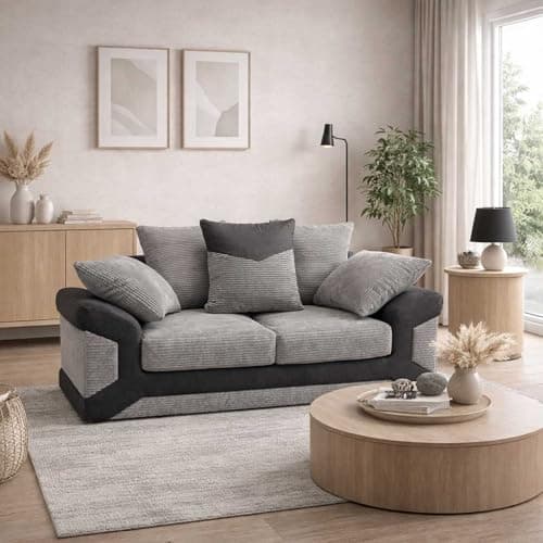 Image of Furnishings For Less UK New Large Dino Black and Grey 2 Seater sofa Fabric and Leather Like Trim (Black and Grey, 2 Seater)