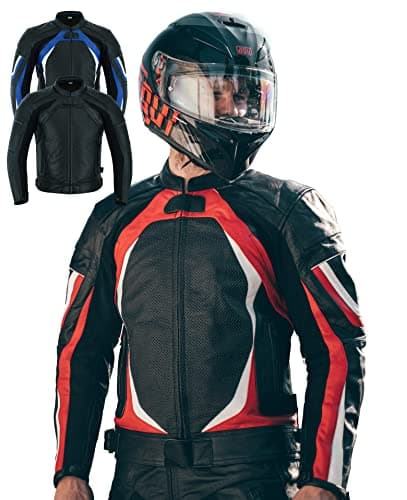 Image of Texpeed Mens Leather Motorcycle Jacket - Perforated Racing Motorbike Suit Top With Genuine Biker CE Armour (EN 1621-1) Protection Red - M