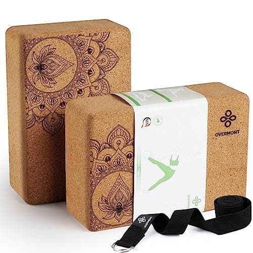 Image of Overmont Cork Yoga Blocks 2 pack with 8ft Strap Set Natural Cork Yoga Bricks- High Density & Eco Friendly Yoga Accessories for Women - Ideal for Pilates General Fitness and Stretching 9x6x3''