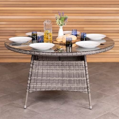 Image of CHARLES BENTLEY Outdoor, Garden, Patio, Durable Weaved Rattan, 6 Seater Dining Table, Grey, Parasol Hole Included, Weatherproof, Contemporary Style, Glass Tabletop, Easy Clean, 26.8kg (130x130x74cm)