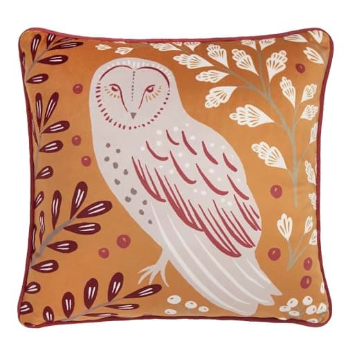 Image of Dreams & Drapes - Red Mauve Woodland Owl Cushion (43 x 43cm) - Filling Included - Reversible Design (2 Colours) - Piped Edge - Owl Cushion in Red/Ochre with Cover Included/Cushion Insert