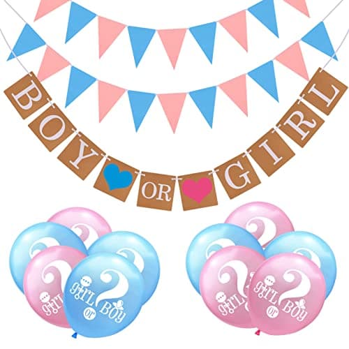 Image of FRIUSATE Boy or Girl Banner, Gender Reveal Balloons Blue and Pink Bunting Banner Gender Reveal Party Game Decoration