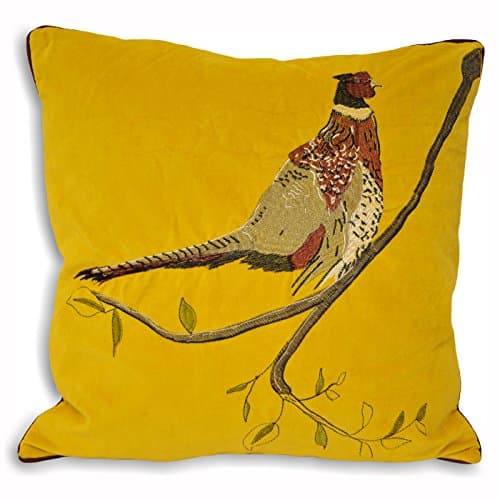 Image of Riva Home Hunter Velvet Cushion Cover – Embroidered Pheasant Country Design (Mustard – 45 x 45 cm)