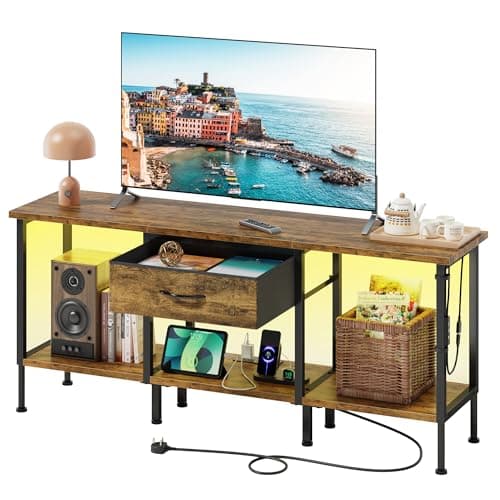Image of OYRREU LED TV Stand Unit for 55 50 Inch TV with Socket and USB Slots, TV Cabinet with Fabric Drawer and Open Shelves, 120 cm TV Stand, Entertainment Center for Living Room Bedroom, Rustic Brown