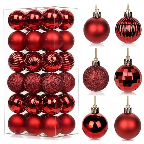 Image of 36Pcs Red Baubles for Christmas Tree, 4cm Mini Shatterproof Plastic Christmas Balls Ornaments with Strings, 6 Design Xmas Baubles Hanging Balls for Indoor Outdoor Xmas Holiday Wedding Party Decor