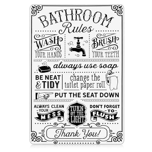 Image of Qianyu Funny Bathroom Toilet Decor Sign Farmhouse Bathroom Rules Metal Wall Decor Quotes Wall Art Vintage Sign Farmhouse Rule Art Toilet Rustic Restroom Washroom Home Gifts