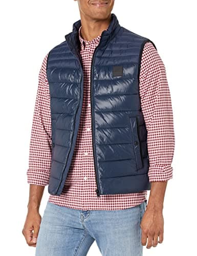 Image of BOSS Men's Lightweight Nylon Patch Logo Puffer Vest, Shiny Captain Navy, 50