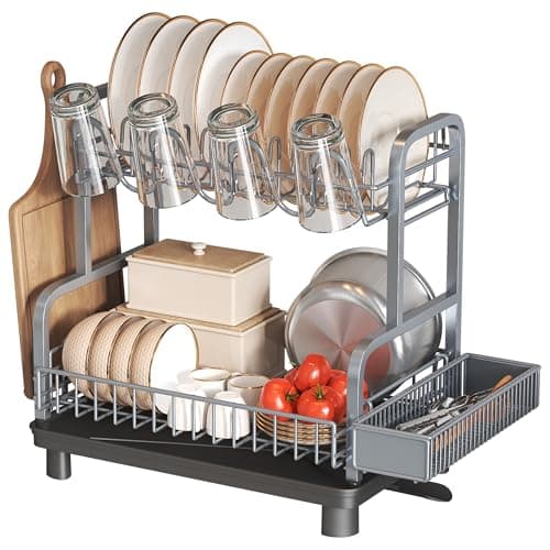 Image of romision 2 Tier Dish Drainer Rack, Dish Drainer with Drip Tray, Stainless Steel Dish Rack with Utensil Holder, Cutting Board Holder and Cup Rack for Kitchen Counter