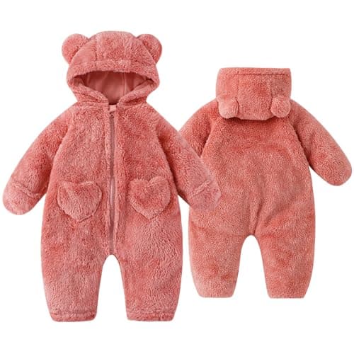Image of Fohuanky Newborn Baby Bear Pramsuit Warm Fleece Hooded All-in-One Snowsuit Winter Romper for Boys & Girls 0-12 Months (Pink, 6-9 Months)