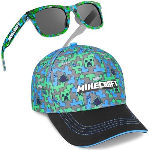 Image of Get Trend Minecraft Baseball Cap Sunglasses Set for Boys, Adjustable Sun Hat 100% UV Shades, Kids Holiday Essentials, Boys Gaming Gifts (Multi Minecraft Set)