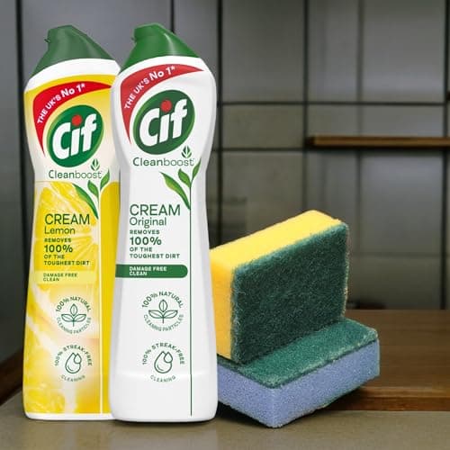 Image of Cif Cream Cleaner 2 x 500ml Pack - Cif Cream Cleaners Original and Lemon with Sponge - Perfect Household Cleaning Bundle