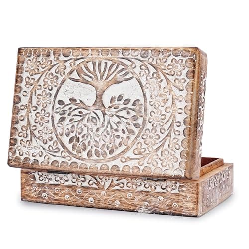 Image of Ajuny Wooden Hand Carved Decorative Box With Tree Of Life Carvings White - Multipurpose Use As Jewelry Storage, Trinket Holder Or Watch Box Gifts