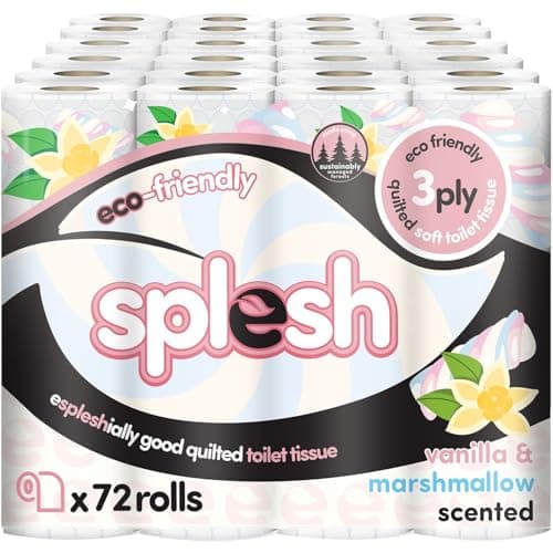 Image of Splesh by Cusheen 3-ply Toilet Roll - Vanilla & Marshmallow Scented (72 Rolls) Bulk Buy, Quilted Toilet Rolls, Soft and Strong Toilet Tissue and Loo Rolls - Eco-Friendly Toilet Paper Sustainably Craft