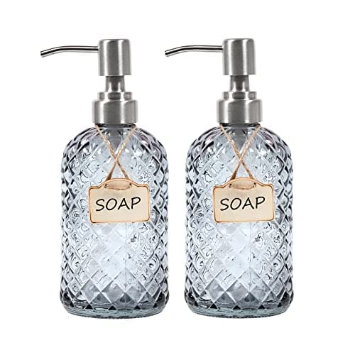 Image of Funly mee Bathroom & Kitchen Glass Hand and Dish Soap Dispenser with 304 Rustproof Stainless Steel Pump (Grey-2pack)