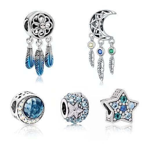 Image of 5 Pack Charms for Pandora Bracelet 925 Sterling Silver Charms with Cubic Zirconia Oceanic Starfish Spiritual DreamCatcher Feather Tassels Dangle Pendant DIY Making Gift for Women Girls gifts