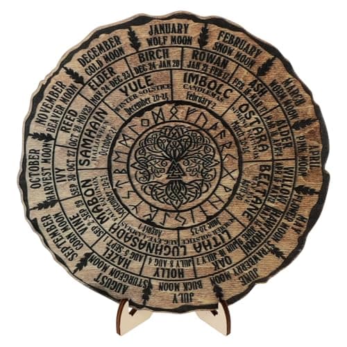 Image of STOBOK Wheel Of The Year Wood Sign Tree of Life Wooden Calendar Sabbats Pagan Witches Runes Wood Engraved Board Halloween Witch Sign Desk Decor