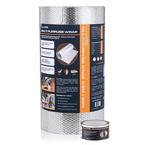 Image of SuperFOIL Foil Insulation Roll and Aluminium Foil Tape Bubdle - 3-in-1 Sustainable Thermal Insulation Reflective Radiant Barrier & Vapour Barrier (Silver, 0.6m x 20m)