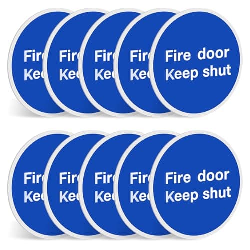 Image of Fire Door Keep Shut Sign - 1mm Rigid Plastic - 2/4/6/10/20pk - 80mm Round Self Adhesive – No Drilling Required – Health and Safety Compliant Fire Exit Signs (10)