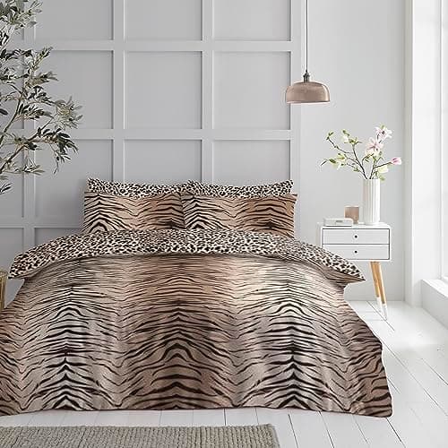 Image of GC GAVENO CAVAILIA Tiger Duvet Cover Set, Animal Bedding King Size, Reversible Comforter Covers, Brown, 700968
