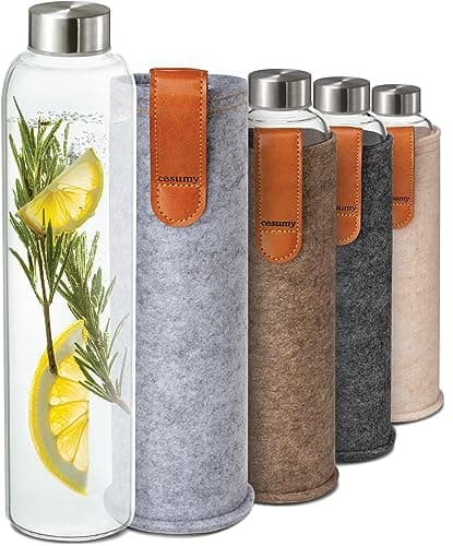 Image of Cosumy Glass Water Bottle 750ml with Felt Cover - Dishwasher Safe - Leakproof - BPA Free - Carbonated Suitable (Grey)