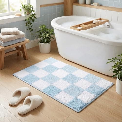 Image of GRANNY SAYS Bath Rug 40 x 60 cm, Checkered Blue Bathroom Mat, Non Slip Bathroom Mats Washable, Super Absorbent Bathmat, Plush Soft Bath Rugs for Floor Decorative