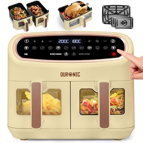 Image of Duronic AF34 SG XXL Triple Drawer Air Fryer, 10L Digital Family Size Air Fryers 10in1 Dual Zone Extra Large Oil Free Cooker for Family Cooking with Dishwasher Safe Non-Stick Baskets Sandstone & Gold