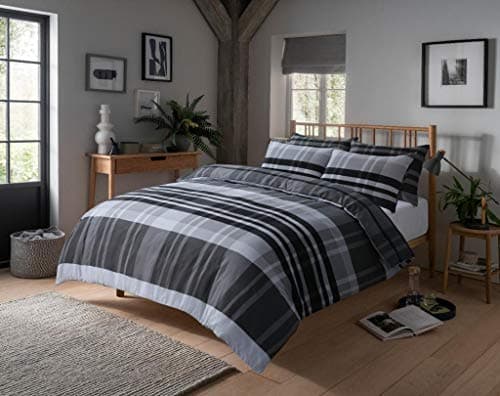 Image of Olivia Rocco Hudson Check Duvet Cover Set Modern Print Cotton Rich Quilt Covers Bedding Bed Linen Sets, Black/Grey Double