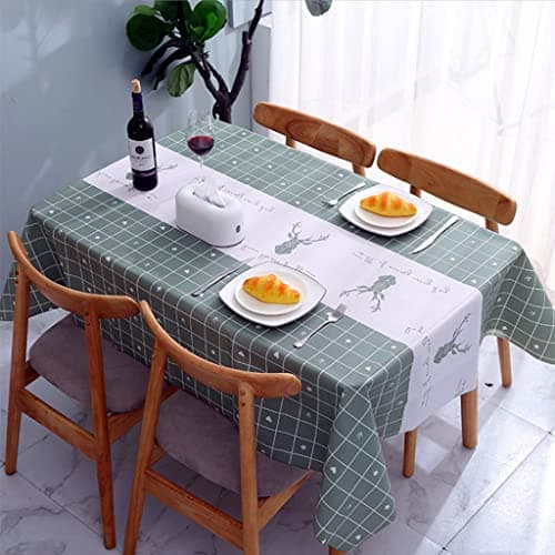Image of 137*180cm Green Checkered PVC TableCloth Plaid Wipeable Tablecloth Rectangular,Elk Pattern Wipe Clean Tablecloth Stain Resistant,Waterproof,Oil-proof Gingham Table Cover for Picnic,Xmas Party,Dinner