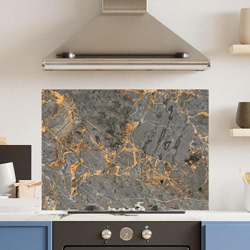 Image of Premium (w)90cm x (h)65cm Grey Marble Glass 6mm Kitchen Splashback Heat Resistant Toughened Polished Edges - Back Splash Back Coloured Hob Painted Tempered Splashbac