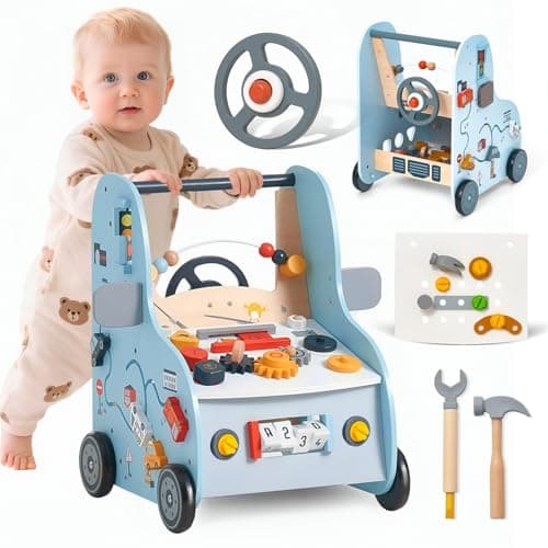 Image of Wooden Baby Push Walker with Activity Center – Car Traffic Theme Tool Bench Shape Sorter, Steering Wheel, Gears, Beads, Montessori Toy for Toddlers 1-3, Walking Learning Baby Push Toy Speed Adjustable