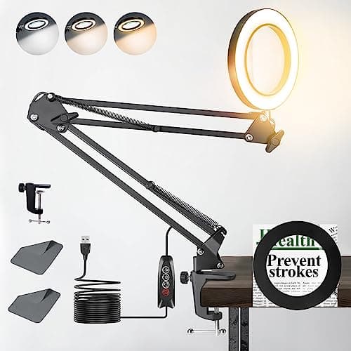 Image of Magnifying Glass with Light,10X Desk Clamp LED Magnifier Lamp,3 Color&10 Dimmable Modes,USB Rechargeable, Adjustable Arm, Real Glass Lens for Reading Close Work Hobbies Crafts Painting Sewing Diamond
