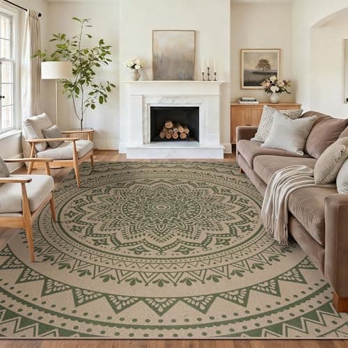 Image of Homcomodar Washable Rugs for Living Room 160x230cm Mandala Easy Jute Rug Indoor Outdoor Patio Rug Farmhouse Neutral No Shed Carpet for Bedroom Backyard,Green Brown Hessian Sisal Look