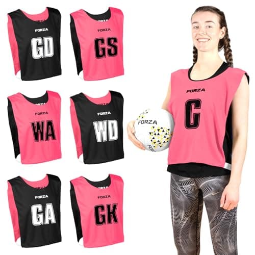 Image of FORZA Pro Reversible Netball Bibs [Pack of 7] | 2-in-1 Design with 5 Colour Combinations - Ideal for Schools & Sports Clubs (Pink & Black, Medium)