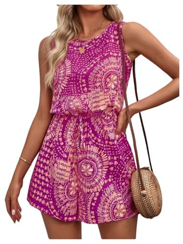 Image of GORGLITTER Women's Floral Tie Front Shorts Jumpsuit Sleeveless Summer Playsuit Crewneck Loose Casual Romper Vacation Vintage Outfit Holiday Clothes Hot Pink L