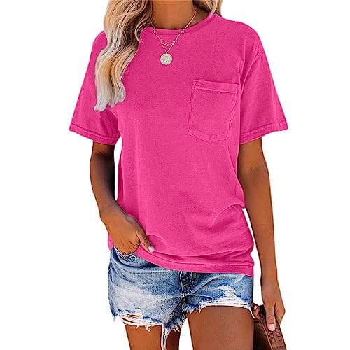 Image of T Shirts for Women Short Sleeve Crew Neck Basic Summer Tee Tops with Pocket Casual Loose Fitting Blouse Hotpink